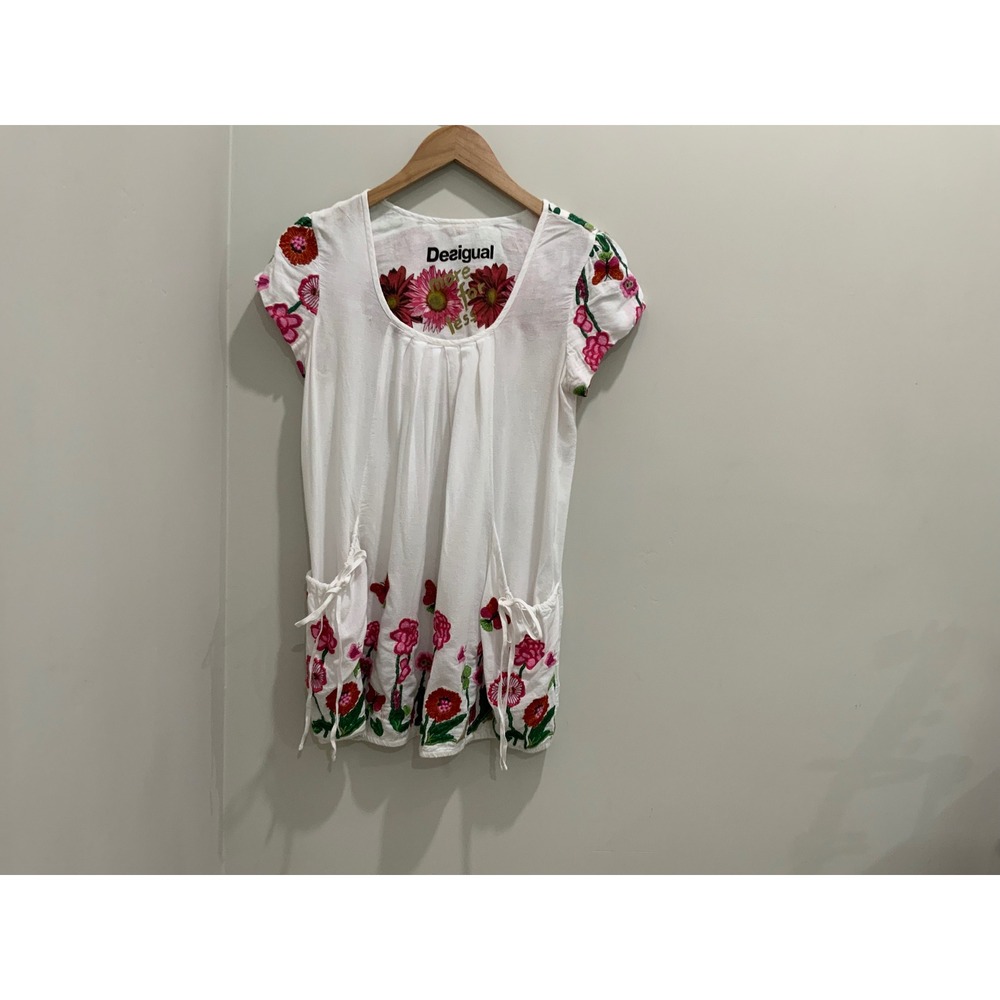 White Embroidered Leaf Blouse Short Sleeve Viscose Cotton Blend Top Womens